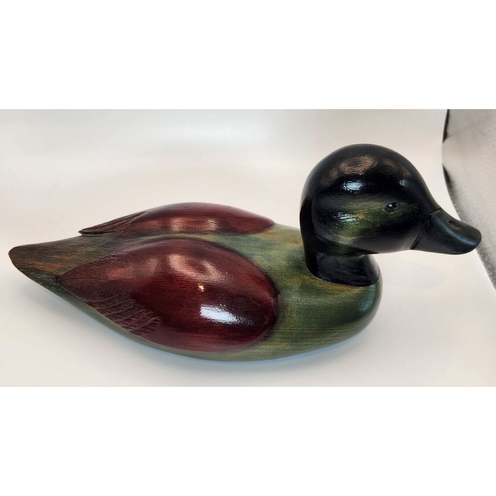 Vintage "1995"‎ Wooden Hand Carved & Stained Duck Sculpture Signed